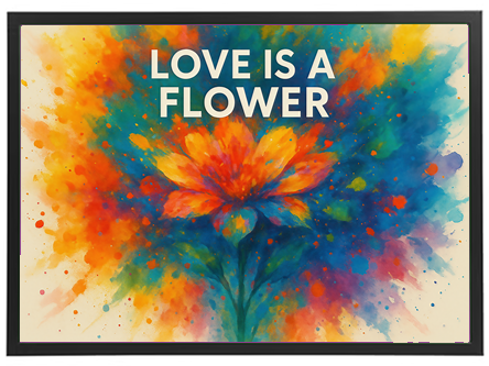 Et farverigt maleri af en blomst med teksten LOVE IS A FLOWER.