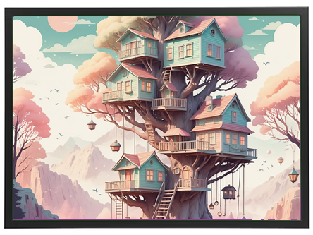 Et farverigt træhus med flere etager, omgivet af bjerge og en smuk himmel.