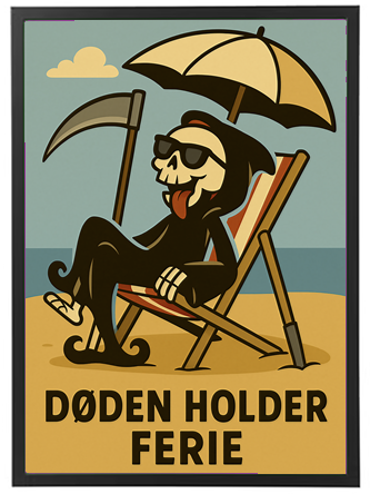 En humoristisk illustration af døden, der slapper af på stranden med solhat og solbriller.