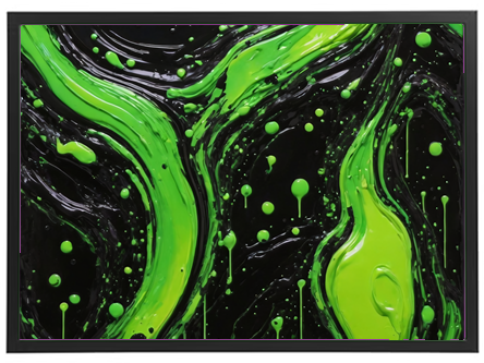 Et farverigt abstrakt maleri med grønne svævende former og dråber på en sort baggrund.