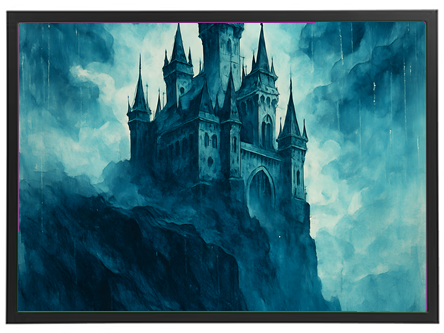 Et majestætisk slot beliggende på en klippe, omgivet af tåge og mørke nuancer.