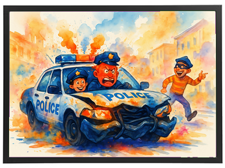 Farverig illustration af en politibil i kaos med to betjente og en dreng, der griner.