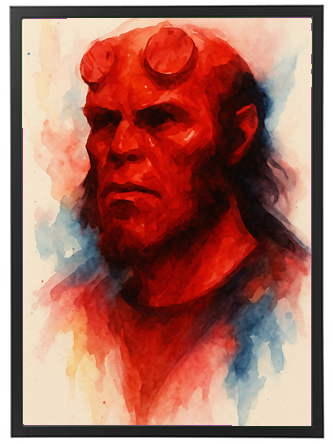 Et maleri af en rød dæmon med horn, der udstråler styrke og mystik.