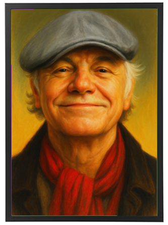 Et portræt af en smilende mand iført en grå hat og en rød tørklæde, med et venligt udtryk.