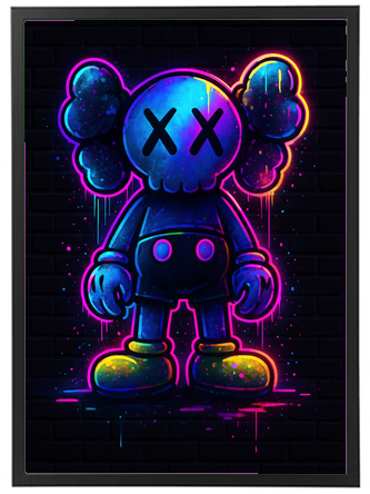 Et neonfarvet kunstværk af en figur med en dødsmaske og store ører, der står imod en sort baggrund.