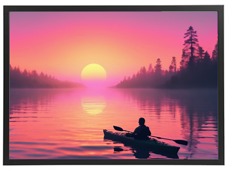 En person roer i en kajak på en stille sø ved solnedgang, omgivet af træer.