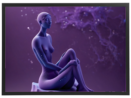 En stiliseret figur, der sidder i en drømmende pose mod en lilla baggrund.