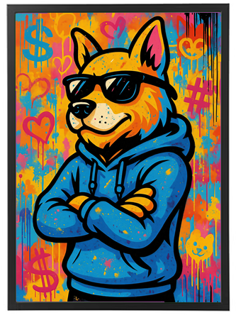 Et farverigt grafitti-inspireret billede af en hund iført solbriller og en hættetrøje.