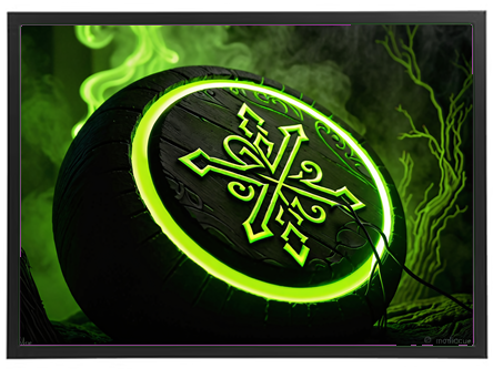 Et billede af en stor, rund skive med et grønt lysende mønster og mystiske symboler.