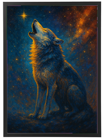 En kunstnerisk skildring af en ulv, der hyler mod stjernerne i en farverig nattehimmel.