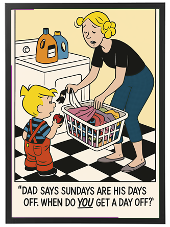 Et barn spørger sin mor, hvornår hun får en fridag, mens hun laver vasketøj.