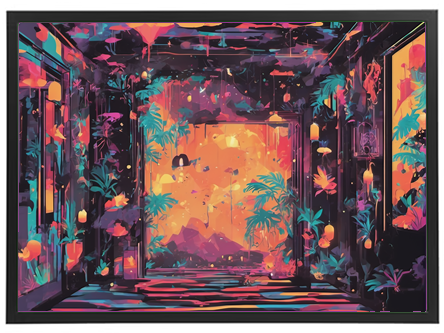 En surrealistisk indretning med levende farver, planter og en lysende baggrund.