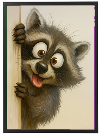 En tegneserieagtig vaskebjørn smiler og kigger nysgerrigt frem fra en væg.