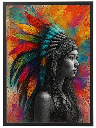 Et portræt af en kvinde med en farverig fjerhovedbeklædning mod en livlig baggrund.