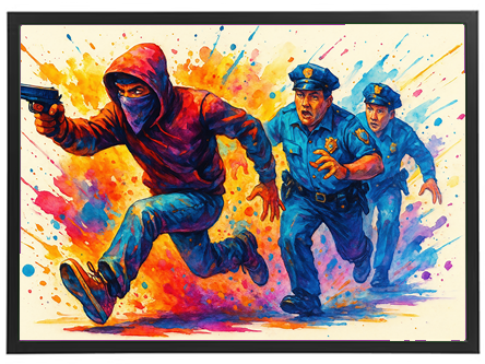 Et farverigt maleri af en person i hætte, der løber fra to politibetjente.