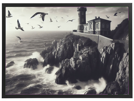 Et sort-hvidt billede af et fyrtårn på en klippe med bølger og fugle i luften.