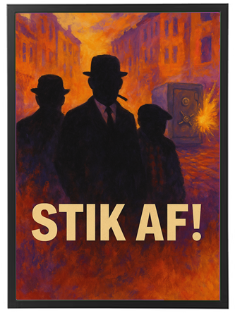 En farverig og dramatisk illustration med silhuetter af tre personer i en bysetting.