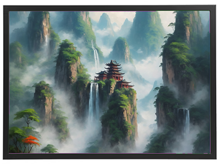 Et malerisk landskab med høje bjerge, vandfald og et traditionelt tempel omgivet af tåge.
