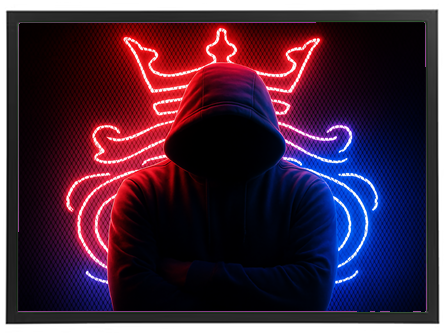 En mørk silhuet af en person iført hætte, omgivet af rød og blå neonlys med en krone.