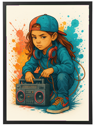 En illustration af en ung pige iført en blå hættetrøje og cap, der holder en boombox.