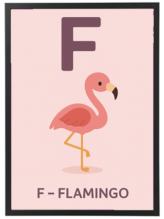 Et farverigt billede af en flamingo med bogstavet F, designet til læring.