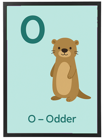 Illustration af en sød odder med bogstavet O, designet til at lære børn om dyr.