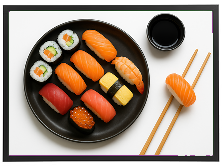 En assorteret samling af sushi, herunder nigiri, maki og sashimi, præsenteret på en sort tallerken.