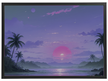 En farverig solnedgang med palmer, hav og bjerge i baggrunden, skaber en fredfyldt atmosfære.