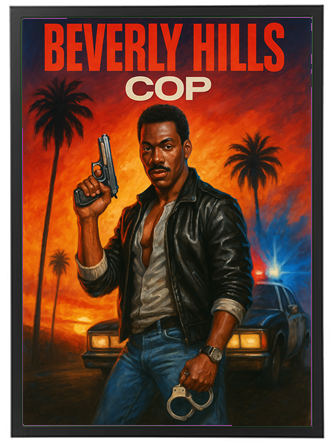 Plakat til filmen Beverly Hills Cop med en betjent i fokus, omgivet af palmer og en politibil.