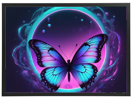 En smuk, farverig sommerfugl svæver i en drømmeagtig, lysende atmosfære.