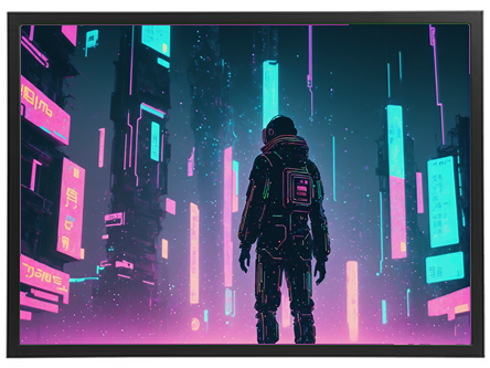 En ensom figur i rumdragt står i en futuristisk by omgivet af neonlys og digitale skilt.