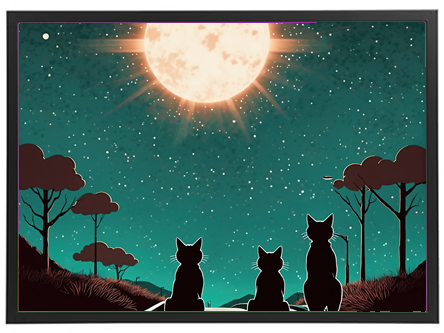 Et stiliseret billede af tre katte, der sidder og ser op på en lysende måne på en stjerneklar nat.