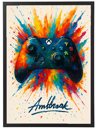 En kreativ illustration af en spilkonsol controller omgivet af sprøjt af farver.