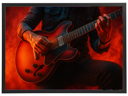 En person spiller guitar med intense farver i baggrunden, der skaber en dramatisk stemning.