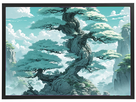 Et majestætisk, snoet træ omgivet af bjerge og en klar himmel, der skaber en drømmende atmosfære.