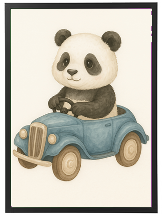 En sød panda kører i en blå legetøjsbil med et smil.
