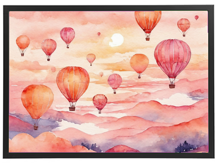 Et smukt akvarelmaleri med farverige luftballoner svævende over bjerge ved solnedgang.