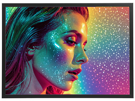 Billedet viser en kvindelig profil med farverige lys og glitrende effekter, der skaber en drømmende atmosfære.