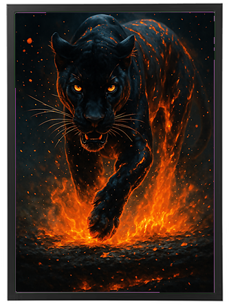 En dramatisk illustration af en sort panter, der løber gennem flammer og glød.