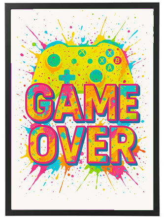 Et farverigt design med teksten GAME OVER og en spillekonsol-controller.