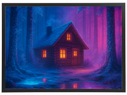 En smuk, oplyst hytte omgivet af farverige træer i en mystisk skov.