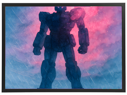 En dramatisk silhuet af en stor robot mod en farverig, stormfuld himmel.