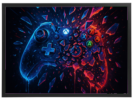 Et farverigt billede af en Xbox-controller, der sprænger i stykker med blå og røde effekter.