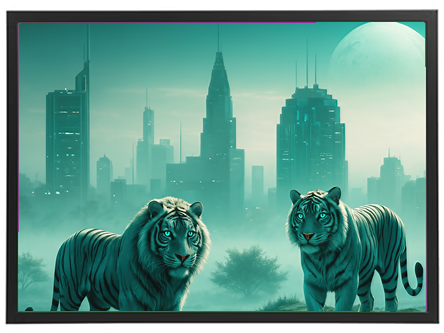 To hvide tigre står i forgrunden af en futuristisk by med grønne nuancer og en stor måne.