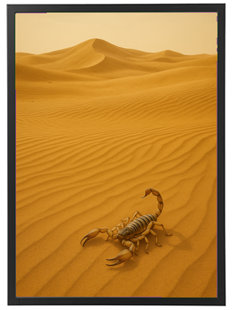Et billede af en skorpion, der bevæger sig gennem en gylden ørken med bølgende sanddyner.