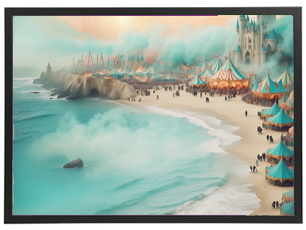 En farverig festival ved stranden med telte, mennesker og et slot i baggrunden.