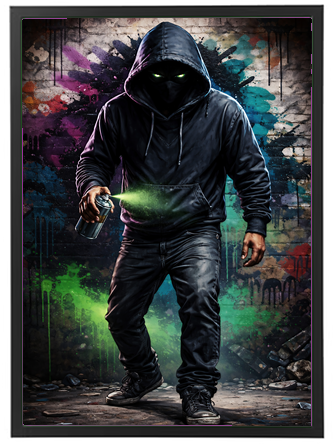 En skikkelse iført hætte og maske, der sprayer grøn maling mod en farverig væg.