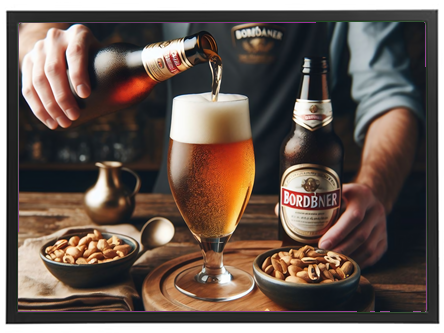 En person hælder øl i et glas, omgivet af snacks og en afslappet atmosfære.