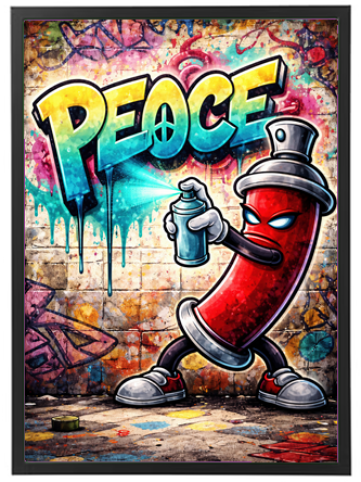Farverig grafitti med en karakter, der sprayer ordet PEACE på en mur.