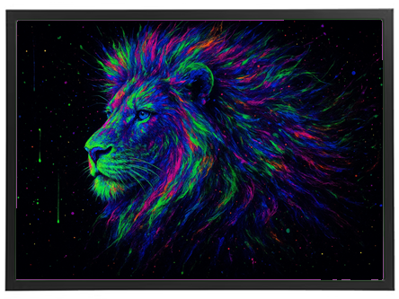 Et imponerende kunstværk af en løve med en farverig, neonlignende manke på sort baggrund.